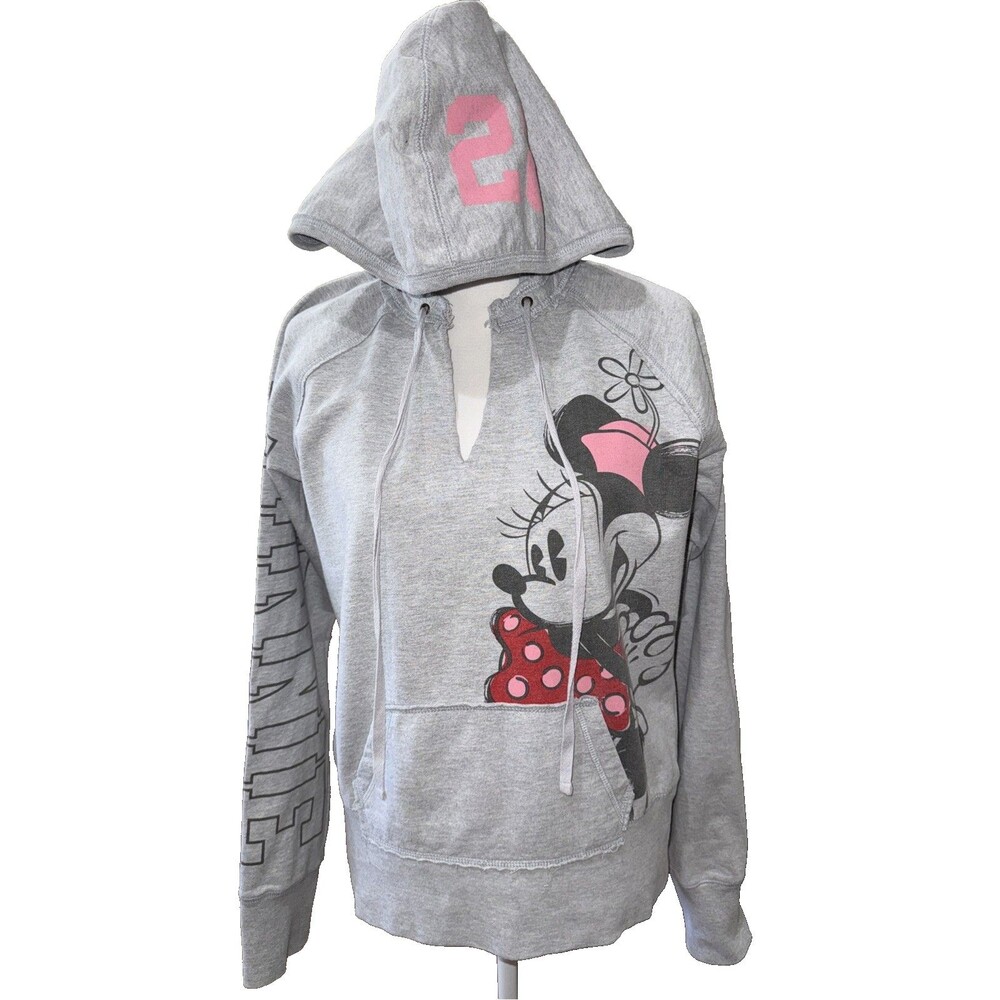 Disney Parks Minnie Mouse Hoodie Gray Pink Y2K Spellout Pullover Womens Large